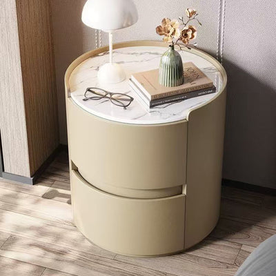 Contemporary Scandinavian Faux Leather Solid Wood Cylindrical Round Nightstand 2-Drawer For Bedroom
