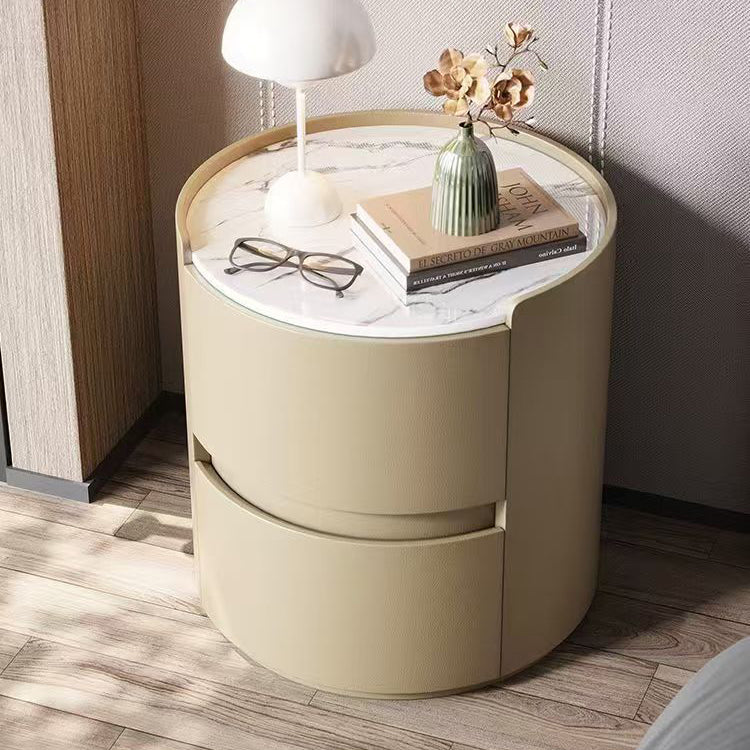 Contemporary Scandinavian Faux Leather Solid Wood Cylindrical Round Nightstand 2-Drawer For Bedroom