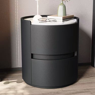 Contemporary Scandinavian Faux Leather Solid Wood Cylindrical Round Nightstand 2-Drawer For Bedroom