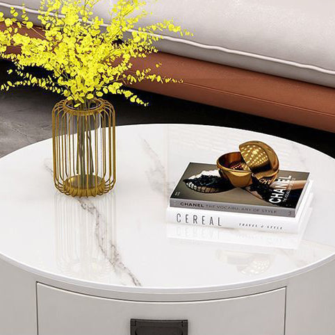Contemporary Scandinavian Sintered Stone Faux Leather Solid Wood Cylindrical Round End Table 3-Drawer For Living Room