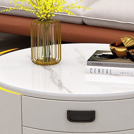 Contemporary Scandinavian Sintered Stone Faux Leather Solid Wood Cylindrical Round End Table 3-Drawer For Living Room