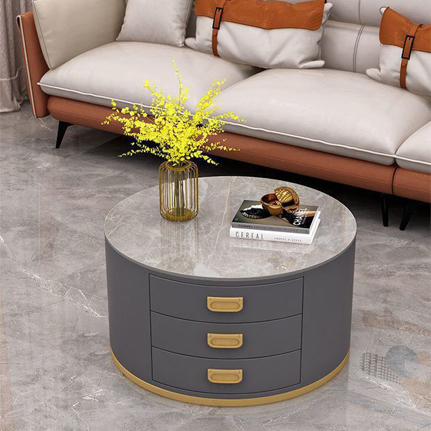 Contemporary Scandinavian Sintered Stone Faux Leather Solid Wood Cylindrical Round End Table 3-Drawer For Living Room