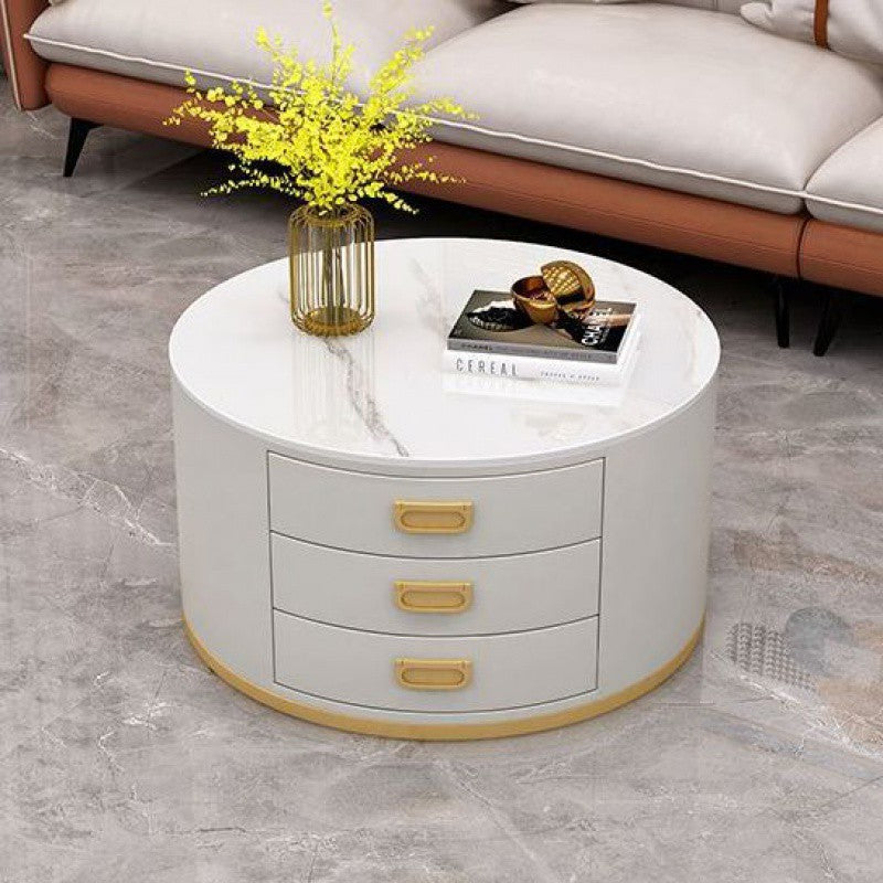 Contemporary Scandinavian Sintered Stone Faux Leather Solid Wood Cylindrical Round End Table 3-Drawer For Living Room