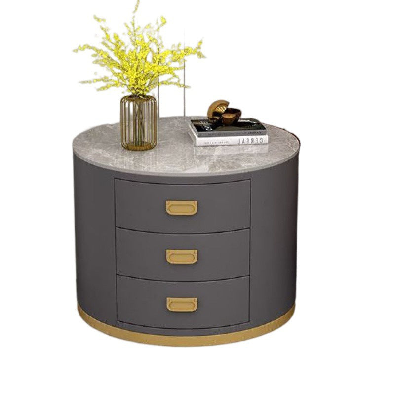 Contemporary Scandinavian Sintered Stone Faux Leather Solid Wood Cylindrical Round End Table 3-Drawer For Living Room