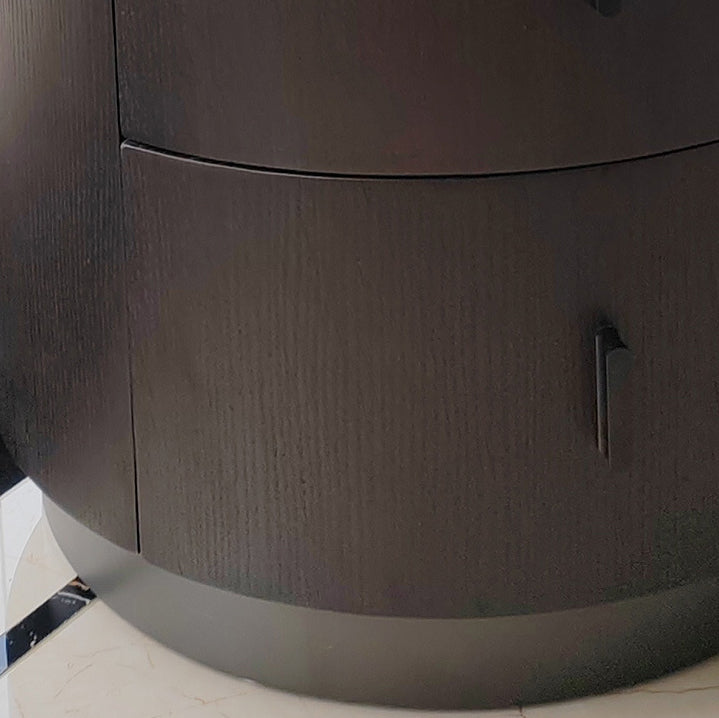 Mesita de noche redonda minimalista moderna de madera de fresno y metal de acero inoxidable con 2 cajones para dormitorio 