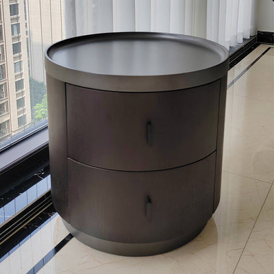 Mesita de noche redonda minimalista moderna de madera de fresno y metal de acero inoxidable con 2 cajones para dormitorio 