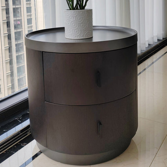 Mesita de noche redonda minimalista moderna de madera de fresno y metal de acero inoxidable con 2 cajones para dormitorio 