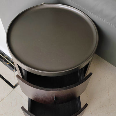Mesita de noche redonda minimalista moderna de madera de fresno y metal de acero inoxidable con 2 cajones para dormitorio 