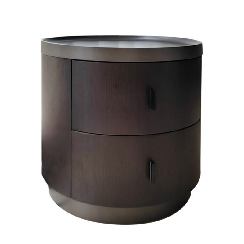 Mesita de noche redonda minimalista moderna de madera de fresno y metal de acero inoxidable con 2 cajones para dormitorio 