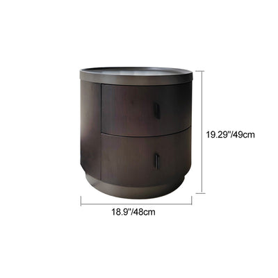 Mesita de noche redonda minimalista moderna de madera de fresno y metal de acero inoxidable con 2 cajones para dormitorio 