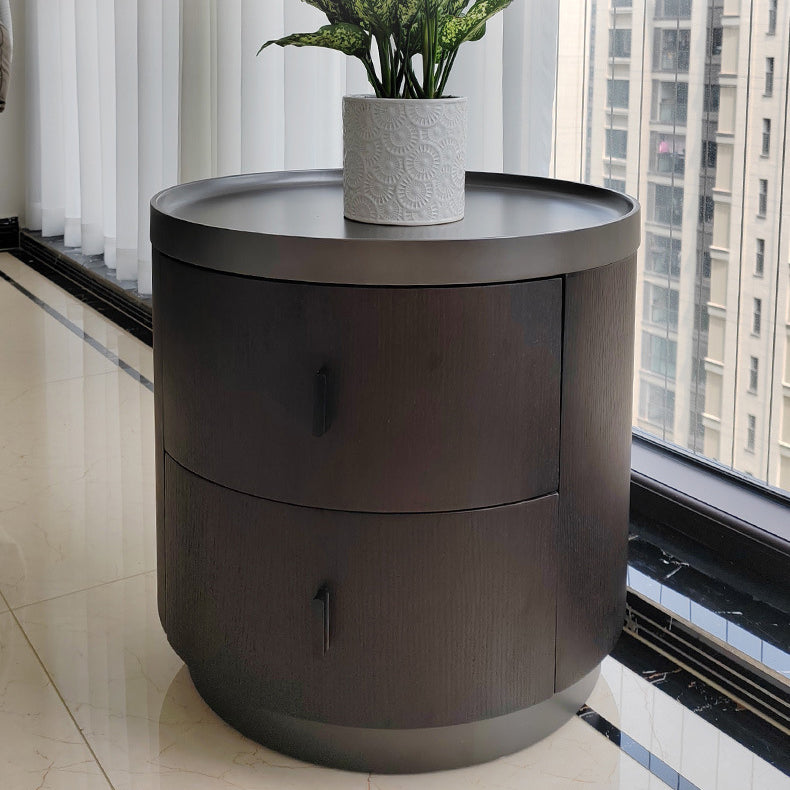 Mesita de noche redonda minimalista moderna de madera de fresno y metal de acero inoxidable con 2 cajones para dormitorio 