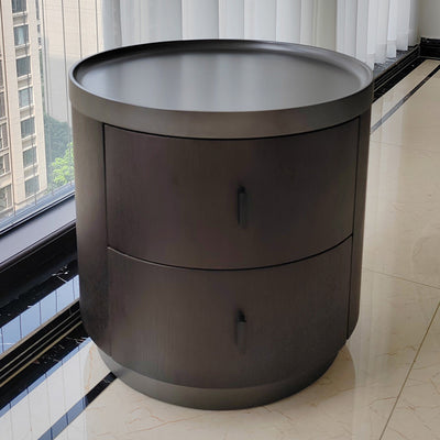 Mesita de noche redonda minimalista moderna de madera de fresno y metal de acero inoxidable con 2 cajones para dormitorio 
