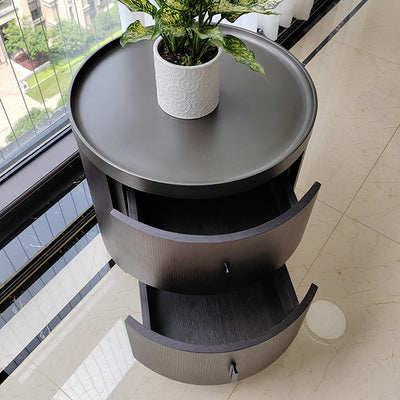 Mesita de noche redonda minimalista moderna de madera de fresno y metal de acero inoxidable con 2 cajones para dormitorio 