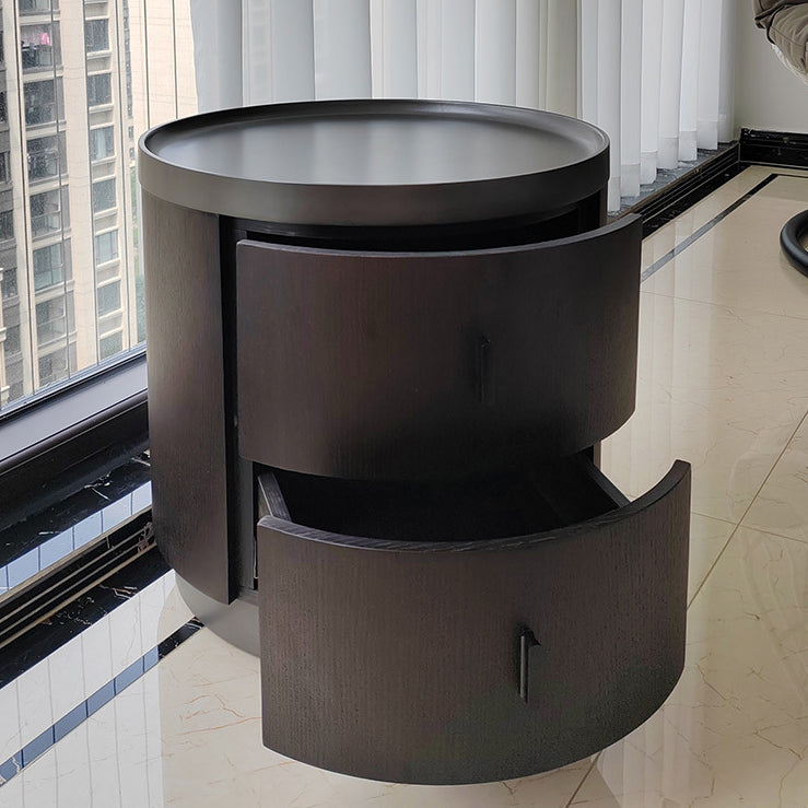 Mesita de noche redonda minimalista moderna de madera de fresno y metal de acero inoxidable con 2 cajones para dormitorio 