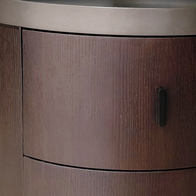 Mesita de noche redonda minimalista moderna de madera de fresno y metal de acero inoxidable con 2 cajones para dormitorio 