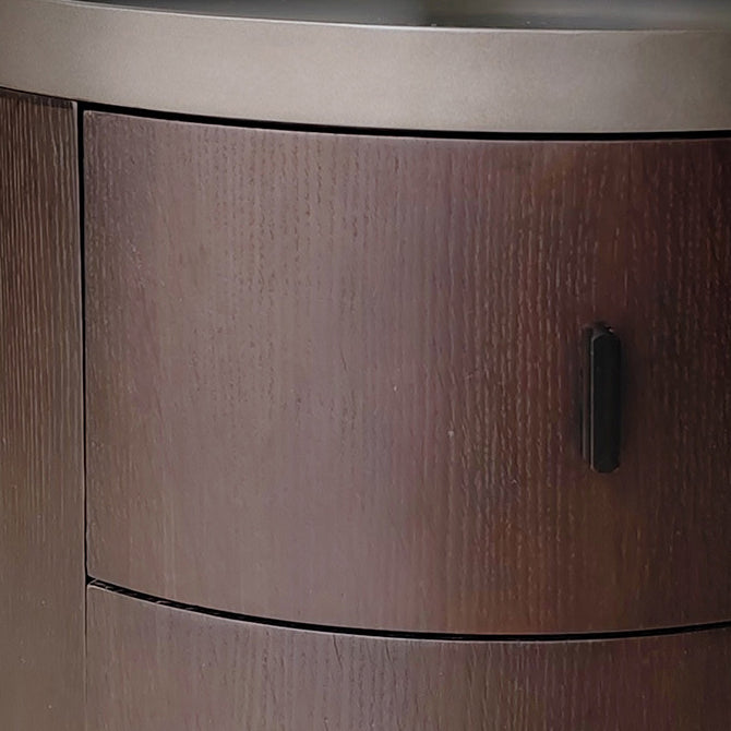 Mesita de noche redonda minimalista moderna de madera de fresno y metal de acero inoxidable con 2 cajones para dormitorio 