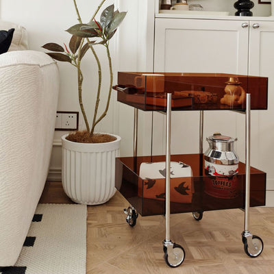 Moderner minimalistischer rechteckiger runder Endtisch aus Acryl und Edelstahl mit 2 Ebenen für das Wohnzimmer 