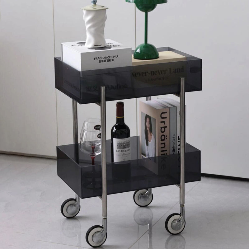 Moderner minimalistischer rechteckiger runder Endtisch aus Acryl und Edelstahl mit 2 Ebenen für das Wohnzimmer 