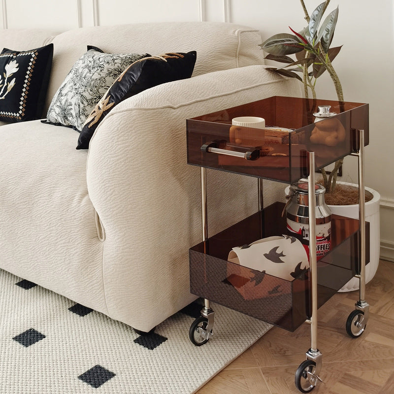 Moderner minimalistischer rechteckiger runder Endtisch aus Acryl und Edelstahl mit 2 Ebenen für das Wohnzimmer 