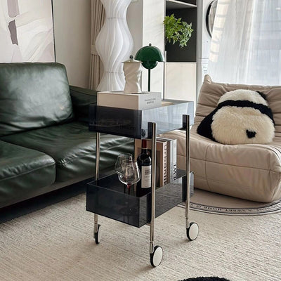 Moderner minimalistischer rechteckiger runder Endtisch aus Acryl und Edelstahl mit 2 Ebenen für das Wohnzimmer 