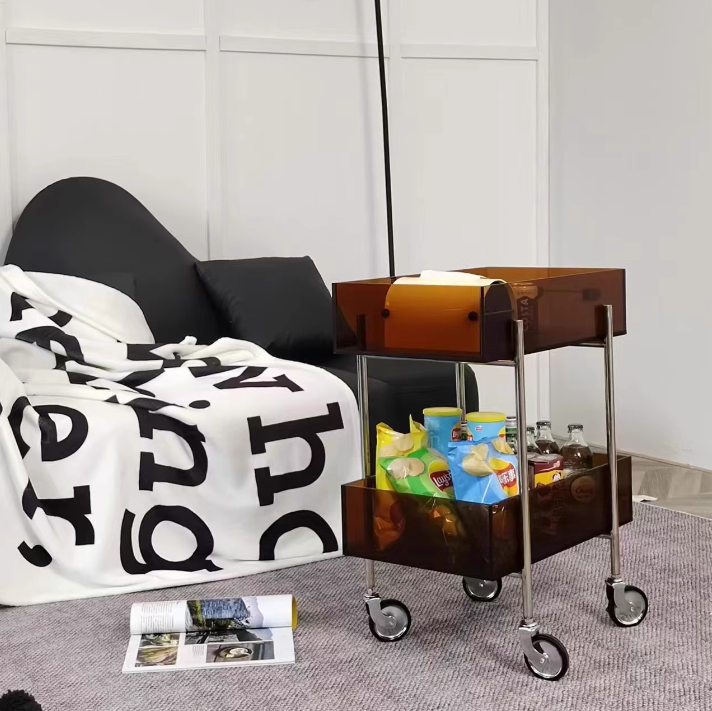 Moderner minimalistischer rechteckiger runder Endtisch aus Acryl und Edelstahl mit 2 Ebenen für das Wohnzimmer 