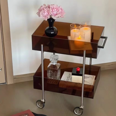 Moderner minimalistischer rechteckiger runder Endtisch aus Acryl und Edelstahl mit 2 Ebenen für das Wohnzimmer 