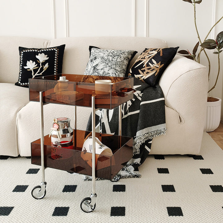 Moderner minimalistischer rechteckiger runder Endtisch aus Acryl und Edelstahl mit 2 Ebenen für das Wohnzimmer 