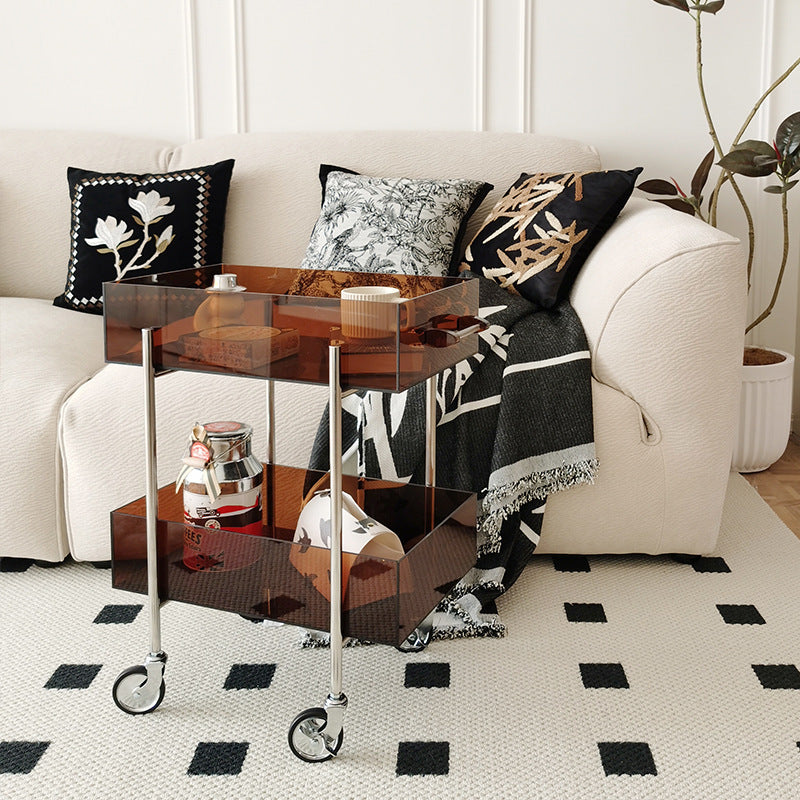 Moderner minimalistischer rechteckiger runder Endtisch aus Acryl und Edelstahl mit 2 Ebenen für das Wohnzimmer 