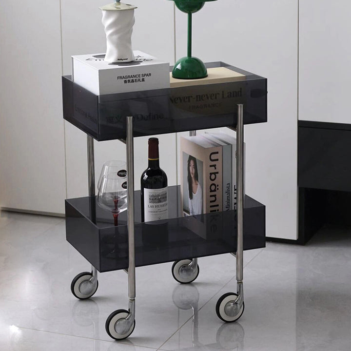 Moderner minimalistischer rechteckiger runder Endtisch aus Acryl und Edelstahl mit 2 Ebenen für das Wohnzimmer 