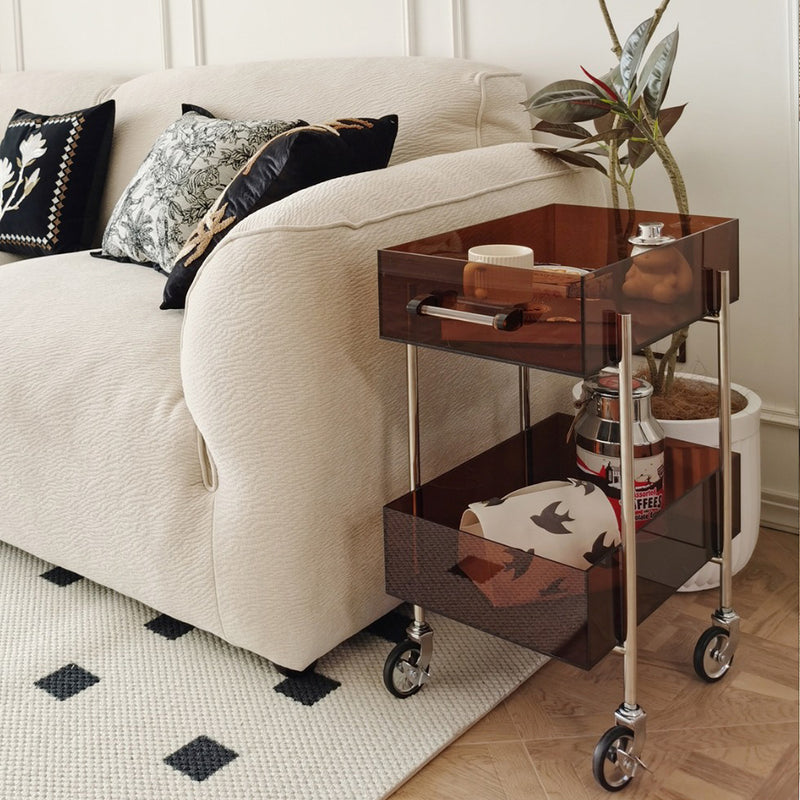 Moderner minimalistischer rechteckiger runder Endtisch aus Acryl und Edelstahl mit 2 Ebenen für das Wohnzimmer 