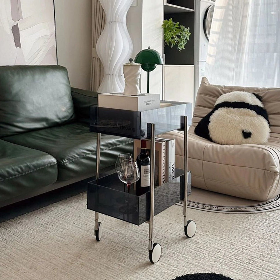 Moderner minimalistischer rechteckiger runder Endtisch aus Acryl und Edelstahl mit 2 Ebenen für das Wohnzimmer 