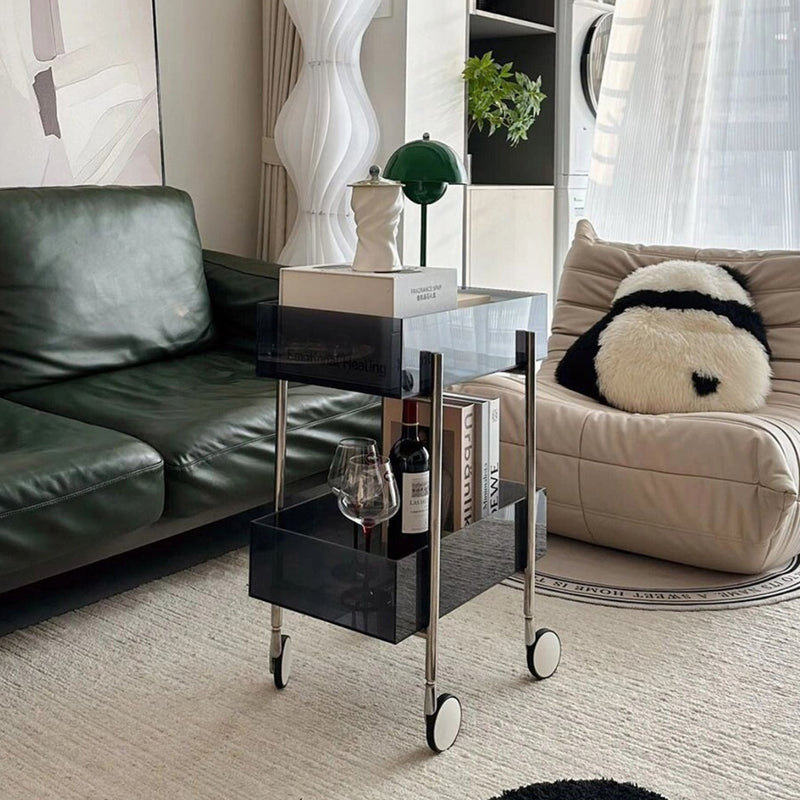 Moderner minimalistischer rechteckiger runder Endtisch aus Acryl und Edelstahl mit 2 Ebenen für das Wohnzimmer 