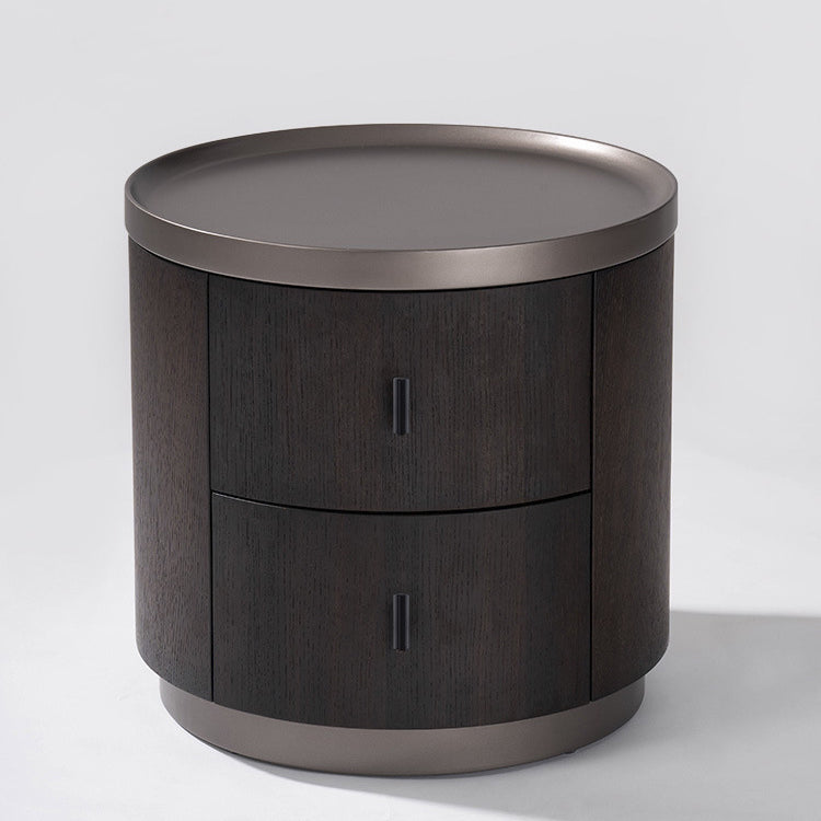Moderner minimalistischer runder zylindrischer Nachttisch aus metallisch lackiertem MDF, Metall und Sperrholz mit Räuchereichenfurnier, mit 2 Schubladen, fürs Schlafzimmer 