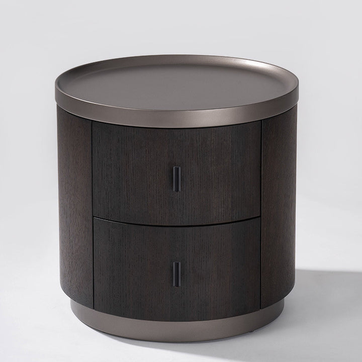 Moderner minimalistischer runder zylindrischer Nachttisch aus metallisch lackiertem MDF, Metall und Sperrholz mit Räuchereichenfurnier, mit 2 Schubladen, fürs Schlafzimmer 
