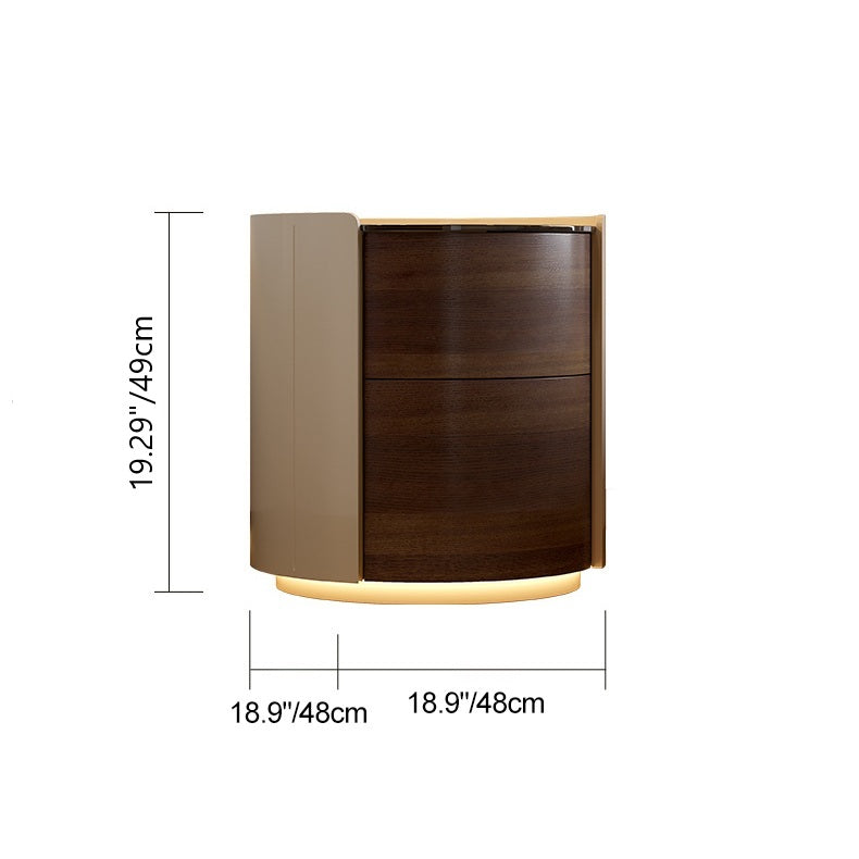 Moderner minimalistischer Nachttisch aus gehärtetem Glas und massivem Holz mit zylindrischer runder Form und 2 Schubladen für das Schlafzimmer 