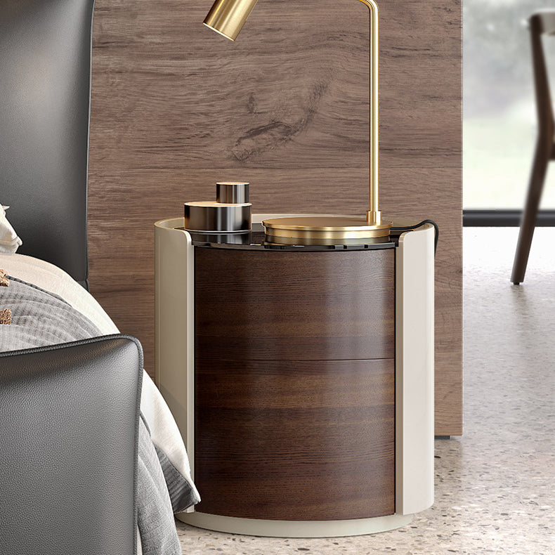 Moderner minimalistischer Nachttisch aus gehärtetem Glas und massivem Holz mit zylindrischer runder Form und 2 Schubladen für das Schlafzimmer 