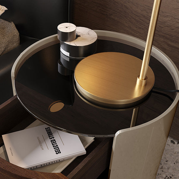 Moderner minimalistischer Nachttisch aus gehärtetem Glas und massivem Holz mit zylindrischer runder Form und 2 Schubladen für das Schlafzimmer 