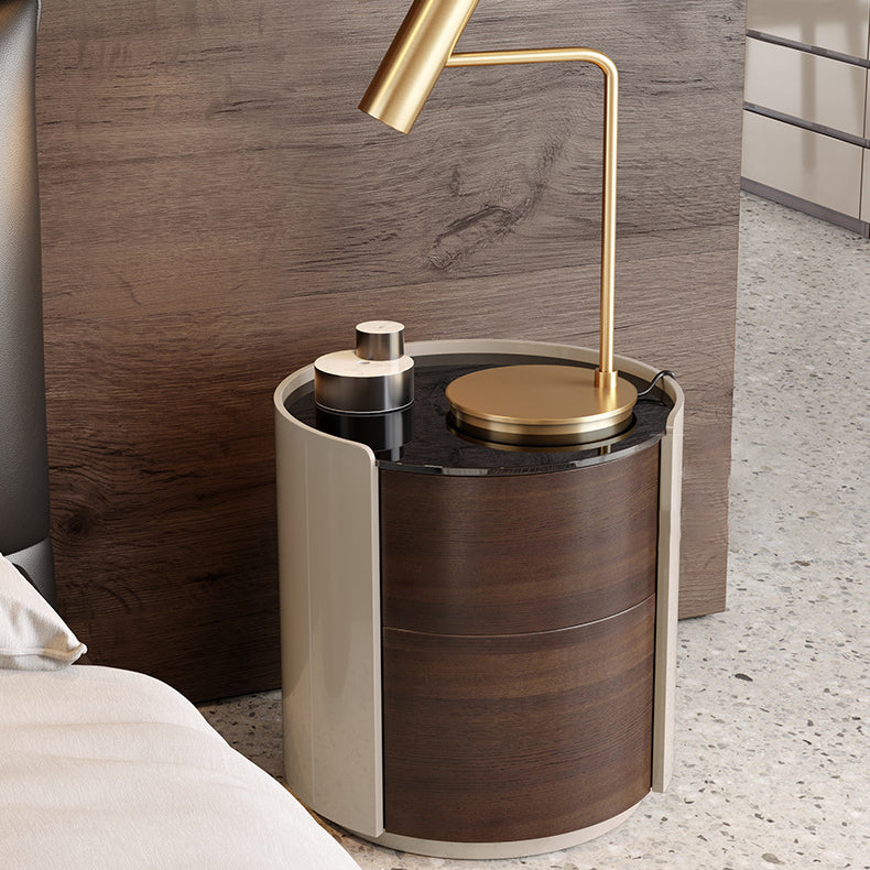 Moderner minimalistischer Nachttisch aus gehärtetem Glas und massivem Holz mit zylindrischer runder Form und 2 Schubladen für das Schlafzimmer 