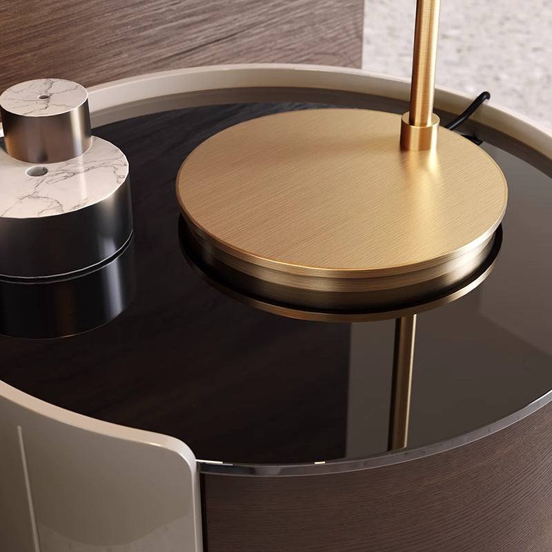 Moderner minimalistischer Nachttisch aus gehärtetem Glas und massivem Holz mit zylindrischer runder Form und 2 Schubladen für das Schlafzimmer 