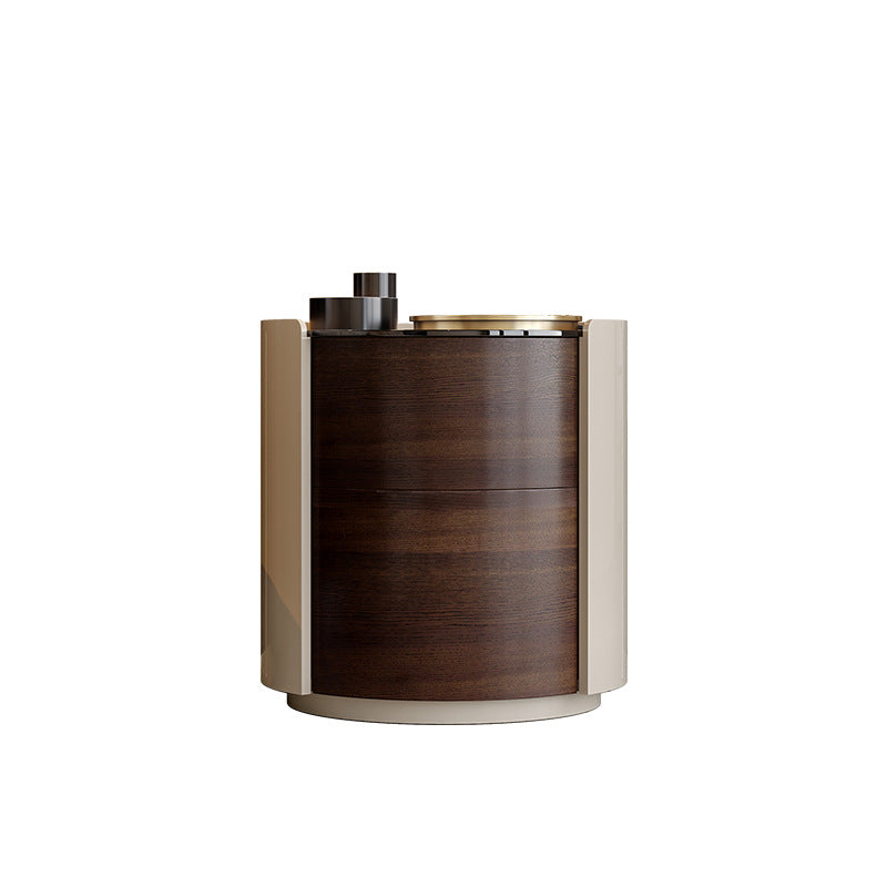 Moderner minimalistischer Nachttisch aus gehärtetem Glas und massivem Holz mit zylindrischer runder Form und 2 Schubladen für das Schlafzimmer 