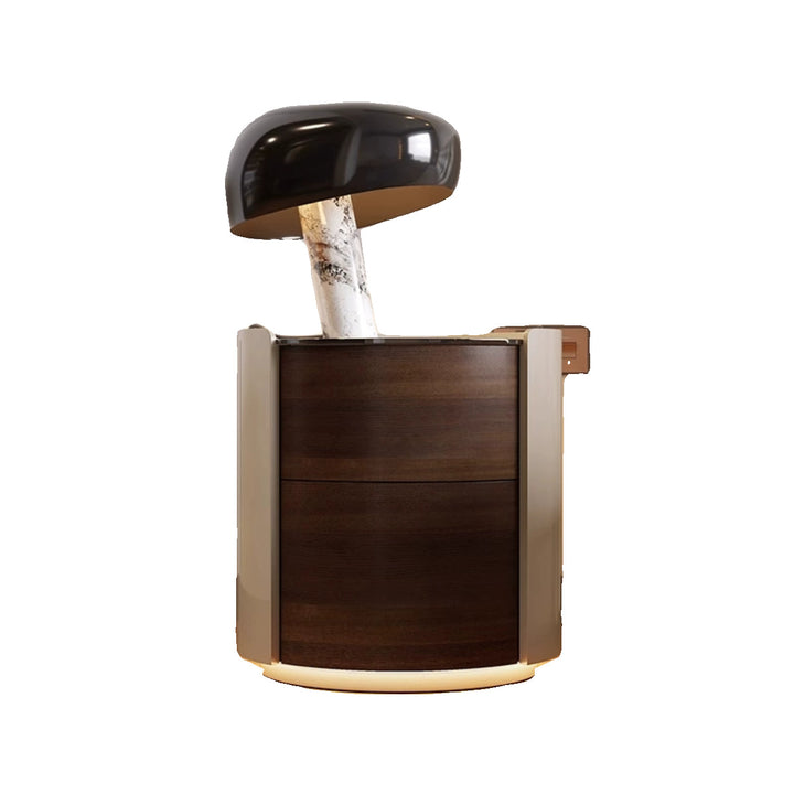 Moderner minimalistischer Nachttisch aus gehärtetem Glas und massivem Holz mit zylindrischer runder Form und 2 Schubladen für das Schlafzimmer 