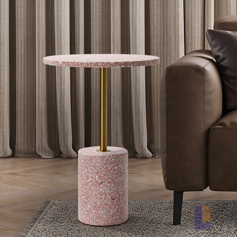 Modern Luxury Marble Metal Round Cylindrical End Table 1-Tier For Living Room