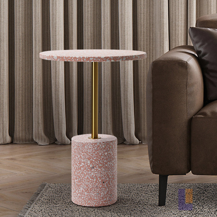 Modern Luxury Marble Metal Round Cylindrical End Table 1-Tier For Living Room