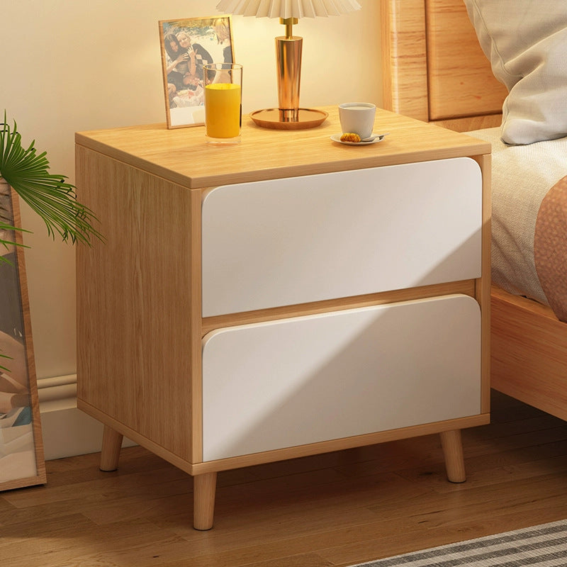 Modern Minimalist HDF Solid Wood Rectangular Cylinder Nightstand 2-Drawer For Bedroom