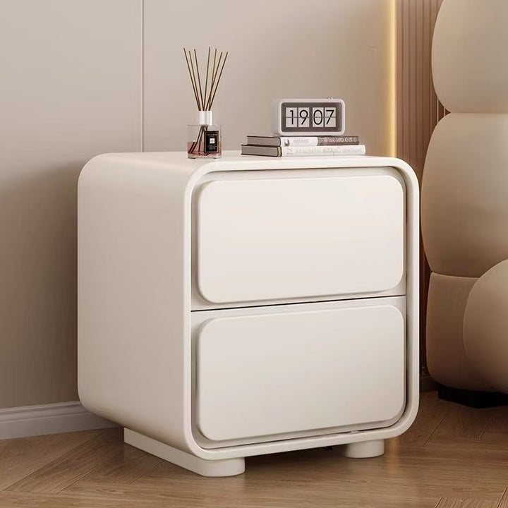 Modern Minimalist Pine Faux Leather Rounded Rectangle Nightstand 2-Drawer For Bedroom