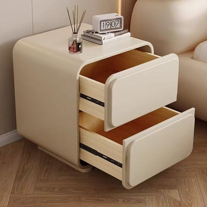 Modern Minimalist Pine Faux Leather Rounded Rectangle Nightstand 2-Drawer For Bedroom