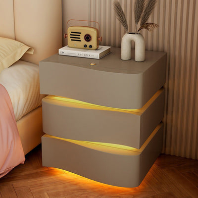 Modern Luxury Solid Wood Faux Leather Curved Square Nightstand 3-Drawer For Bedroom