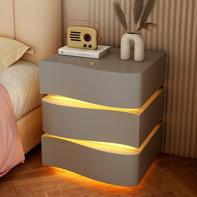 Modern Luxury Solid Wood Faux Leather Curved Square Nightstand 3-Drawer For Bedroom