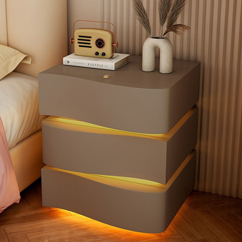 Modern Luxury Solid Wood Faux Leather Curved Square Nightstand 3-Drawer For Bedroom