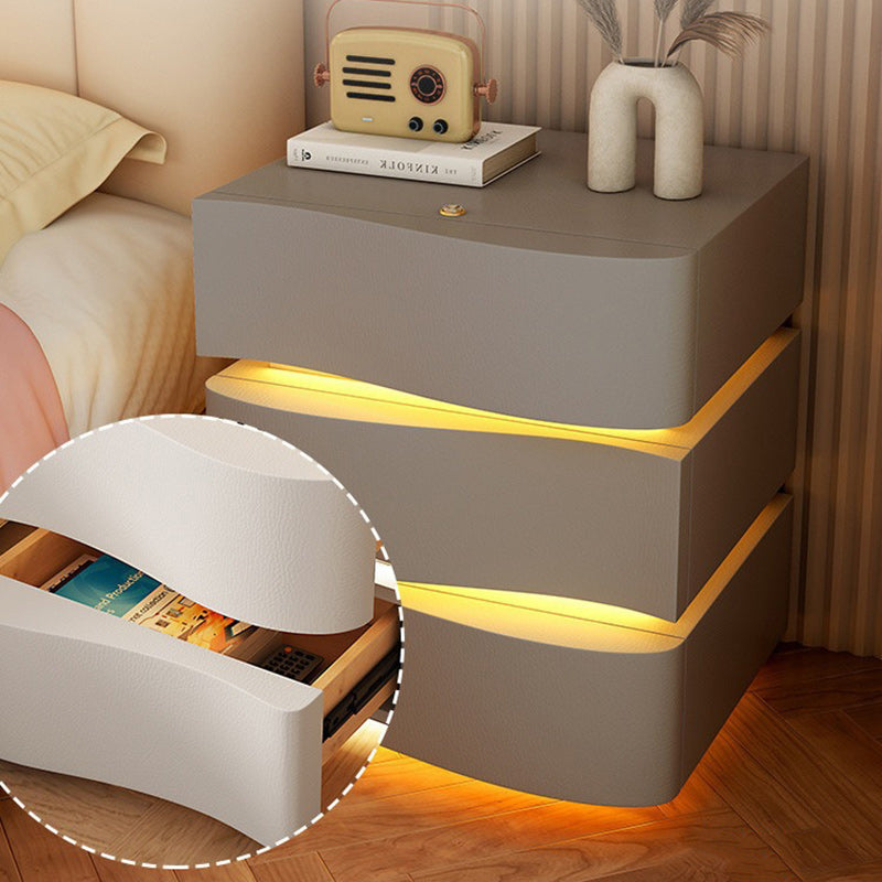Modern Luxury Solid Wood Faux Leather Curved Square Nightstand 3-Drawer For Bedroom
